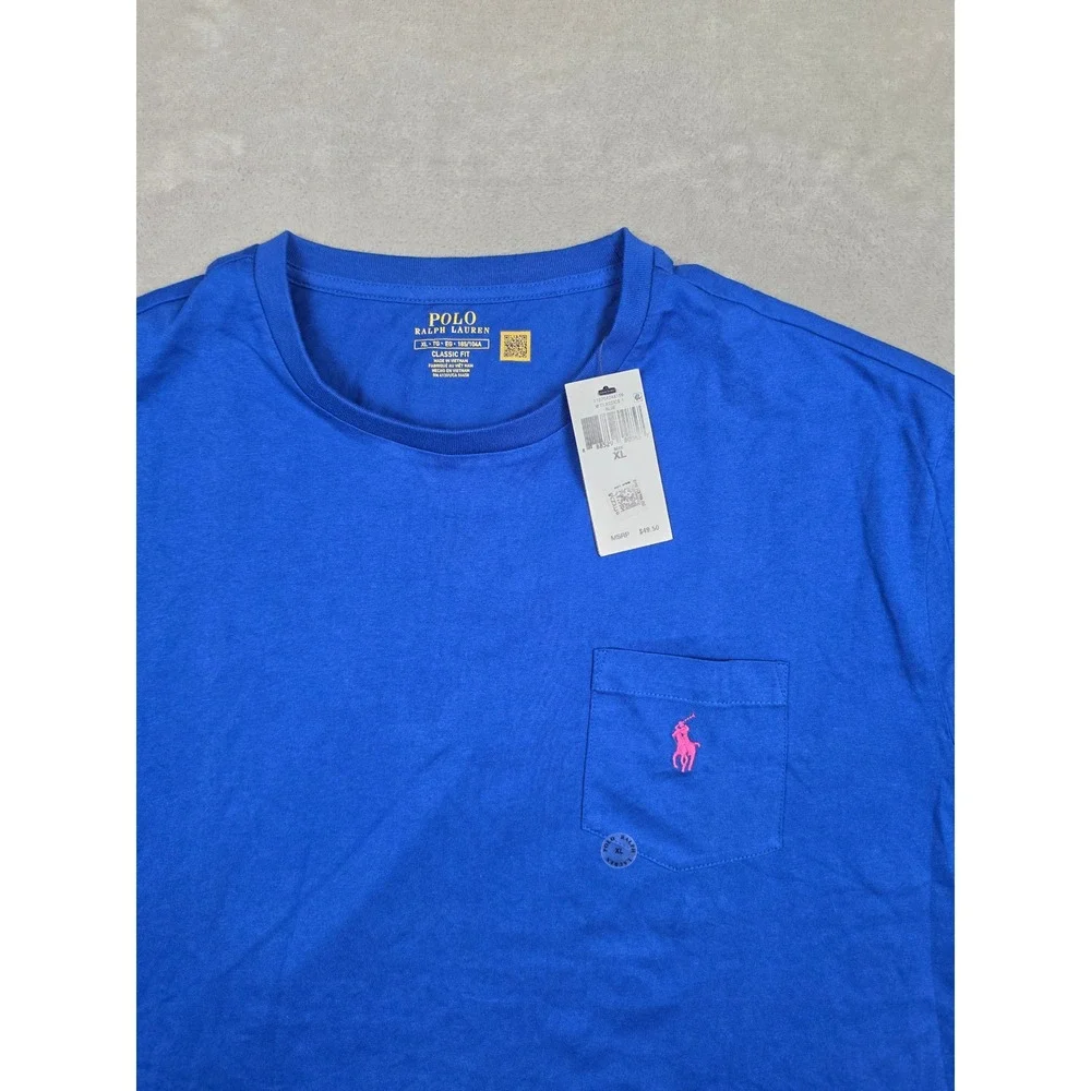 Polo Ralph Lauren T-Shirt Mens XL Blue Classic Fit Pocket Pink Pony